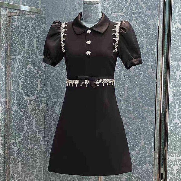 

short sleeve dress french temperament black heavy industry diamond inlaid light luxury skirt waist summer new style
