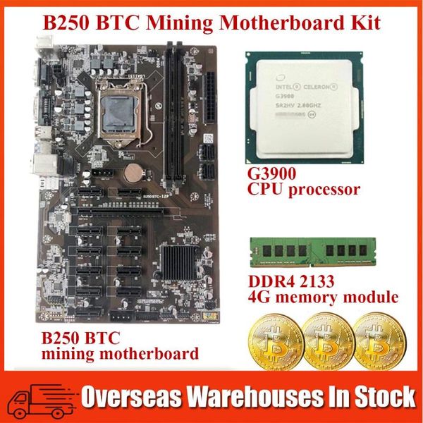 Motherboards B250 BTC 12P Kit de Material Motherboard com G3900 CPU 12x PCI Express DDR4 2133 4G Memória Miner Board para LGA 1151 Série Gen 6/7