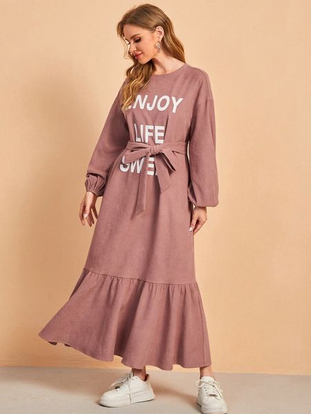 

slogan graphic drop shoulder ruffle hem belted dress x5d7#, Black;gray