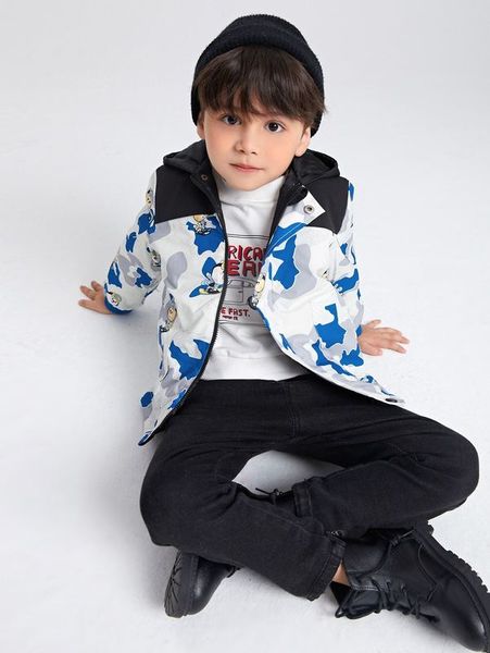 

toddler boys cartoon graphic contrast panel hooded winter coat she, Blue;gray