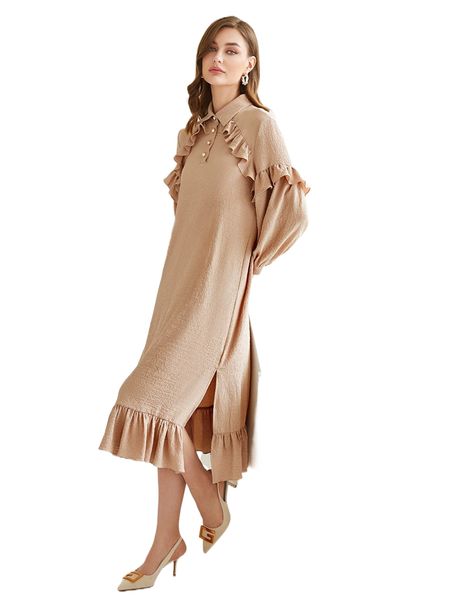 

ruffle trim split hem dress h9ba#, Black;gray