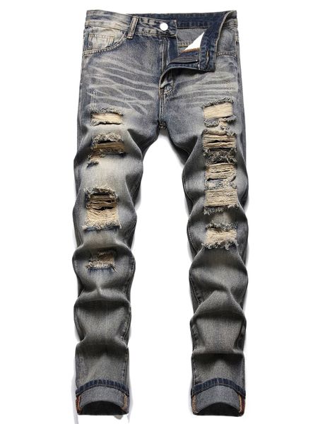 

men ripped frayed straight leg jeans n1oz#, Blue