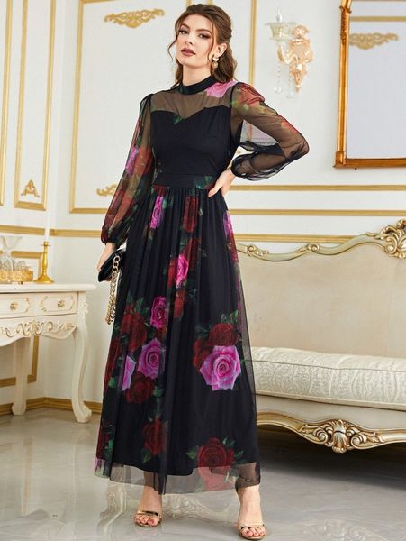 

floral print mock neck lantern sleeve mesh dress v41x#, Black;gray