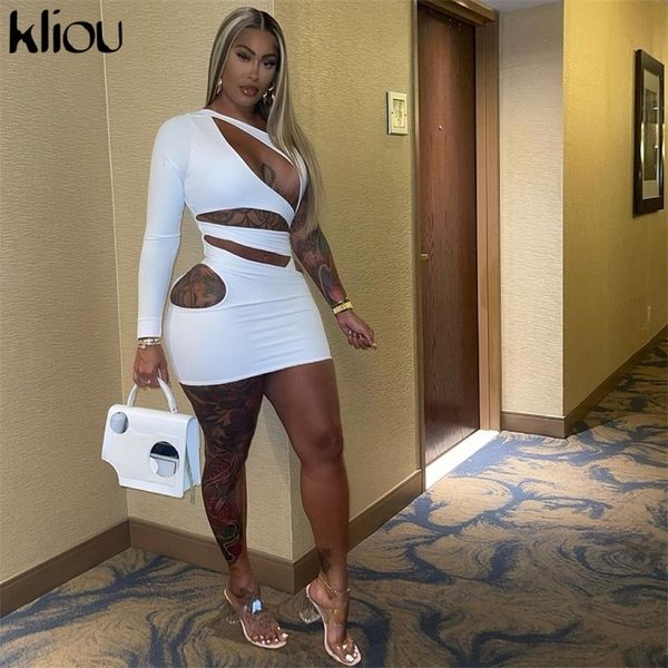 

kliou charming mini dress women sheath cut off hollow out cleavage single side long sleeve diagonal collar party clubwear 220516, Black;gray