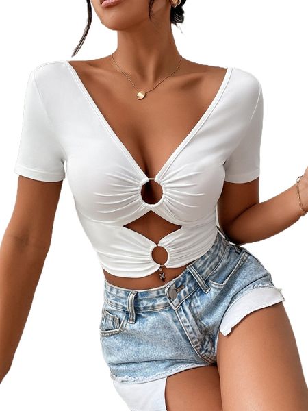 

cut out o-ring detail plunging neck tee w5hl#, White