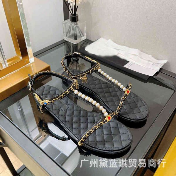 

sandals spring and summer sheepskin jewelry pendant pearl chain round head flat bottom middle heel high-heeled belt buckle sandals, Black