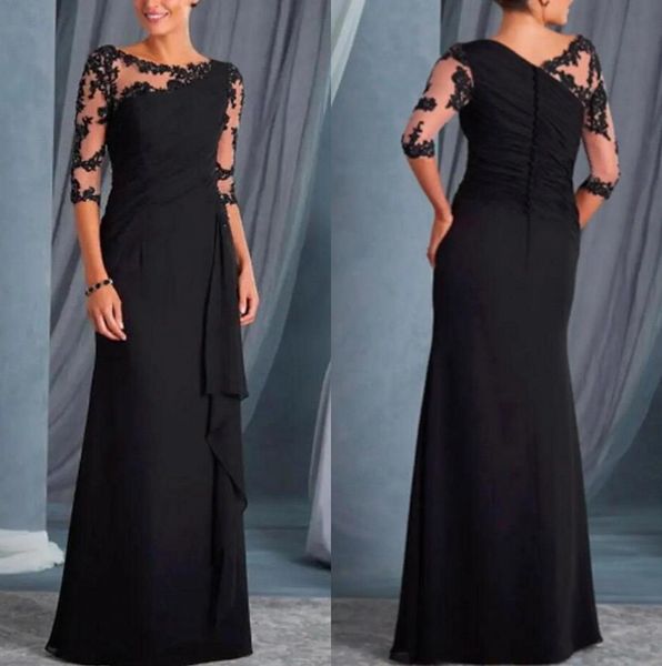 

black scoop neck chiffon mother of the bride dresses long sleeves tulle lace applique ruched floor length wedding guest gowns, Black;red
