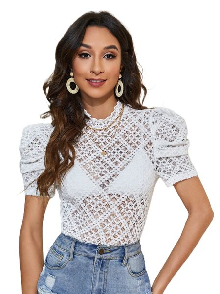 

mock neck puff sleeve lace without bra x1bp#, White