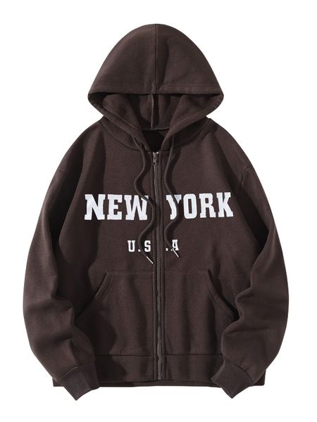 

letter graphic zip up drawstring thermal hoodie y5hl#, Black