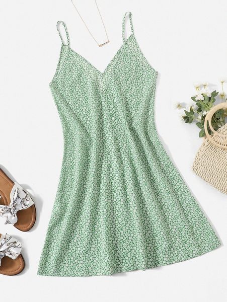 

ditsy floral print cami dress l7cc#, Black;gray