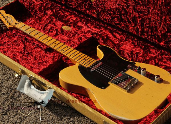 

yellow aged telecaster electric guitar body alder neck maple