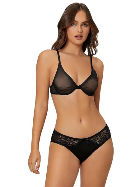 

sheer underwire bra j7fx#, Black;red