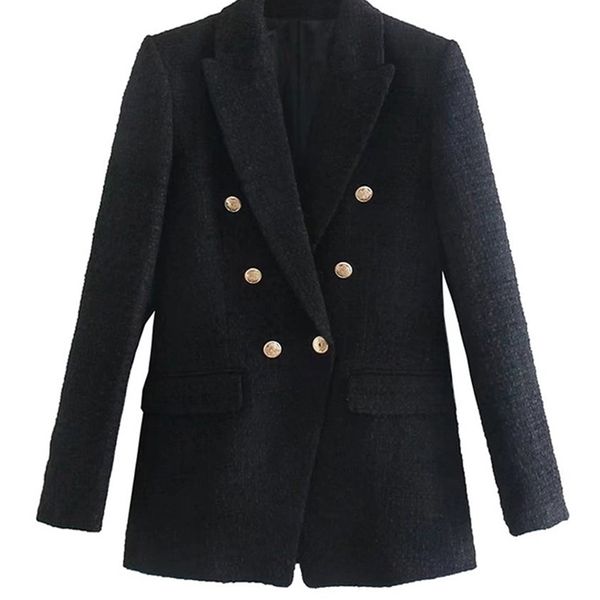 

traf women fashion with metal button tweed blazer coat vintage long sleeve flap pockets female outerwear chic veste 220402, White;black