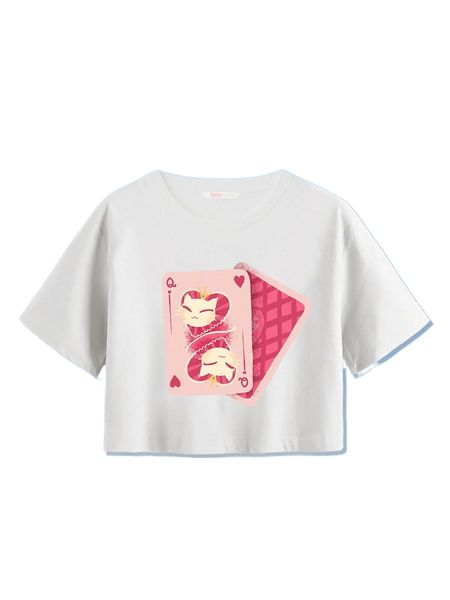

romwe x luna hoang cat & playing card print tee r412#, White