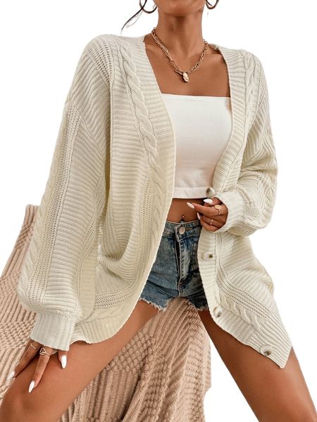 

cable knit lantern sleeve cardigan 54gj#, White;black