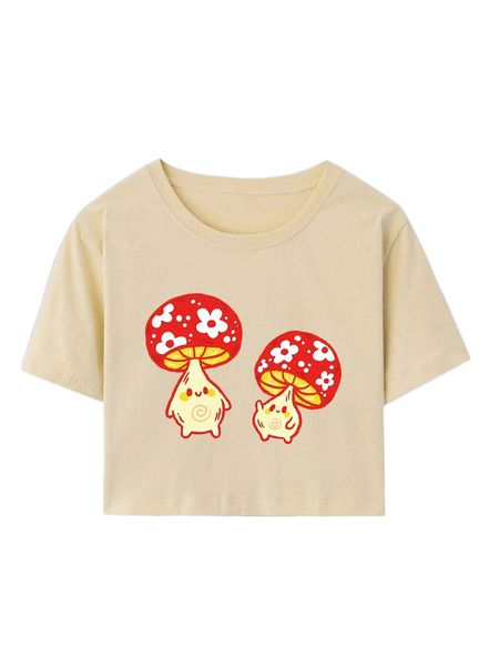 

romwe x emi bee floral & mushroom print tee k00f#, White