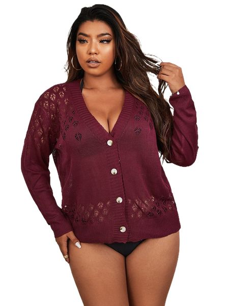 

plus drop shoulder open knit cardigan without bra a76n#, Black