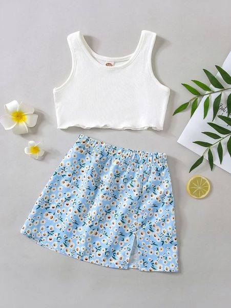 

toddler girls lettuce trim tank & floral print split hem shorts she, White
