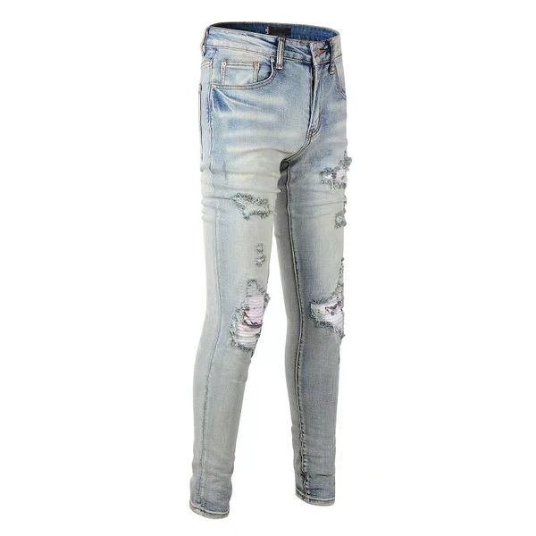 

mens jean skinny ripped destroyed stretch black mens pants fashionable snake embroidery denim pant washed motocycle hip hop trousers, Blue