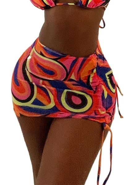 

allover print drawstring bikini bottom with beach skirt e6as#, White;black