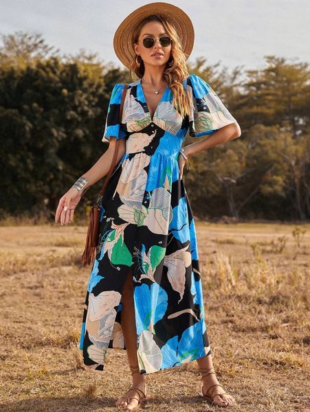 

floral print puff sleeve shirred back button detail split thigh dress c3pt#, Black;gray