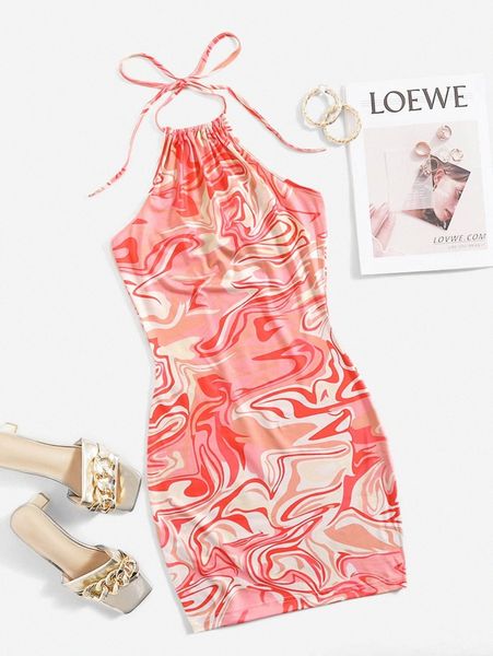 

marble print ruched halter dress u2pu#, Black;gray