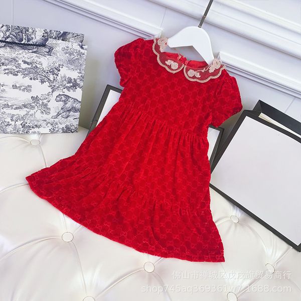 Frühling Sommer Mädchen rot Kurzarm Langarm Samt Rock Puppe Kragen Prinzessin Kleid Temperament Kleid