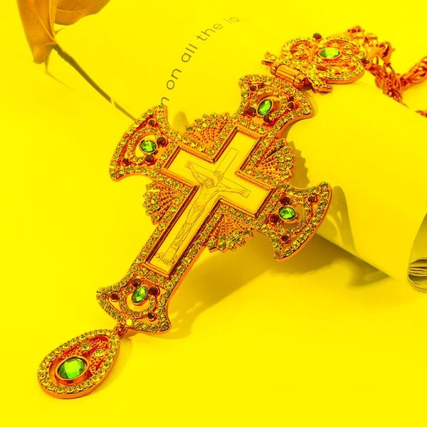 Подвесные ожерелья ретро -крест Православное Ожерелье Иисуса Традиционное религиозное грудь золотой цвет кристалл с коробкой