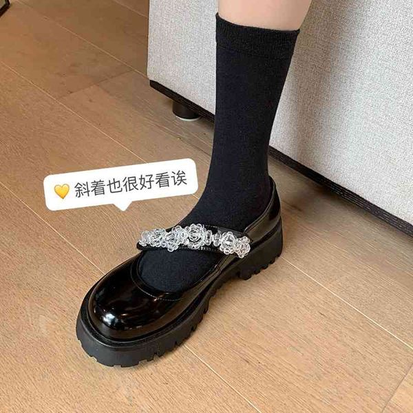 

sandals autumn simple crystal flower mary jane thick soled college style solid color single shoes korean round head 73xn, Black