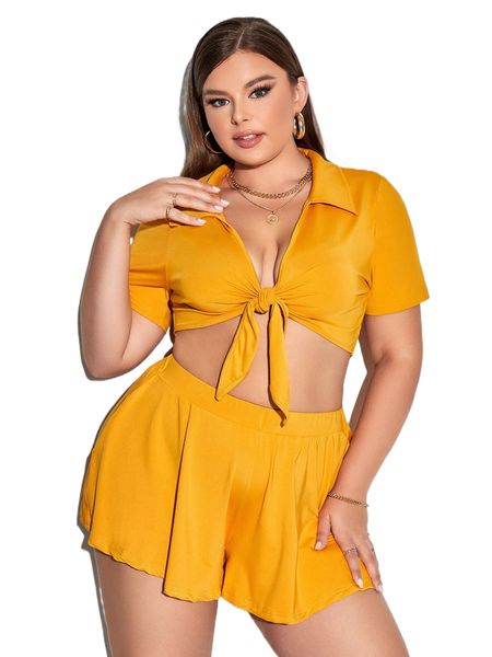 

sxy plus tie front crop & wide leg shorts 37mw#, Black