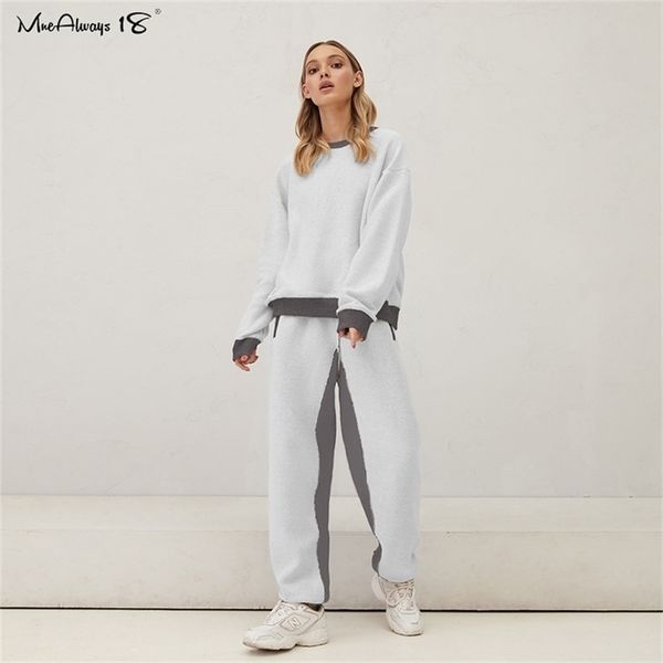 

mnealways18 fashion patchwork women tracksuit pullover and loose pants 2 piece outfit fall winter plain terry casual suit female 210331, Gray