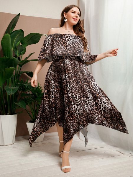 

plus leopard print off shoulder asymmetrical hem dress b4kn#, Black