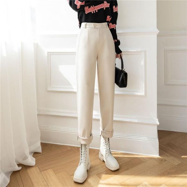 

woolen wide leg pants for women winter elastic waist loose straight autumn black solid pockets casual trousers p248, Black;white