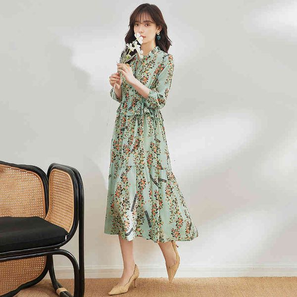 

silk green waist closed dress women's temperament printed mulberry skirt, Black;gray