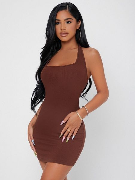 

petite solid halter neck backless bodycon dress p8ts#, Black;gray