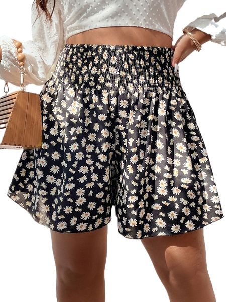 

plus allover floral print shirred waist wide leg shorts v2ll#, Black