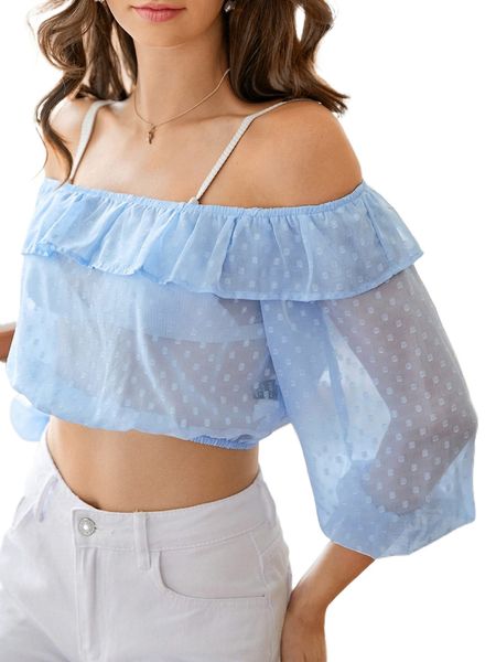 

swiss dot off shoulder ruffle trim crop blouse without bra g18m#, White