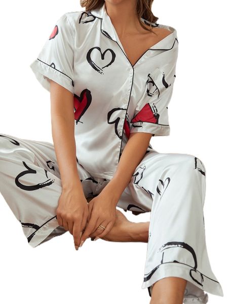 

notched collar heart print satin blouse & pants pj set 20sw#, Black;red