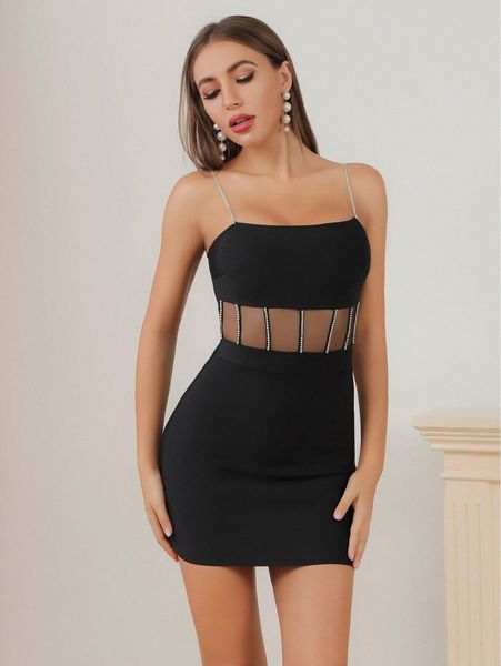 

lucra sheer mesh insert rhinestone detail bodycon dress x8ub#, Black;gray