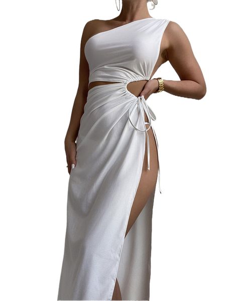 

knot side split hem one shoulder cover up dress without bikini u5im#, White;black
