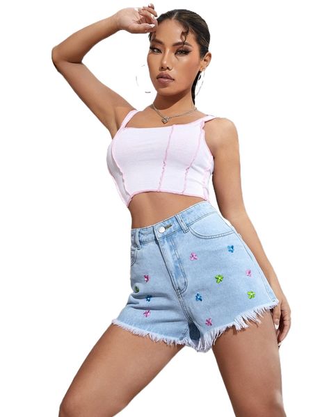 

floral embroidery raw hem denim shorts l8ok#, White;black