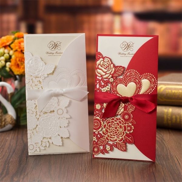 50pcs a laser Cut Invitations Card Rose Love Heart Cards Personalize Lopes com Facbon Wedding Party Supplies 220711