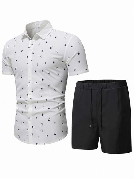 

men anchor & tree print shirt & drawstring waist shorts 79rp#, Gray