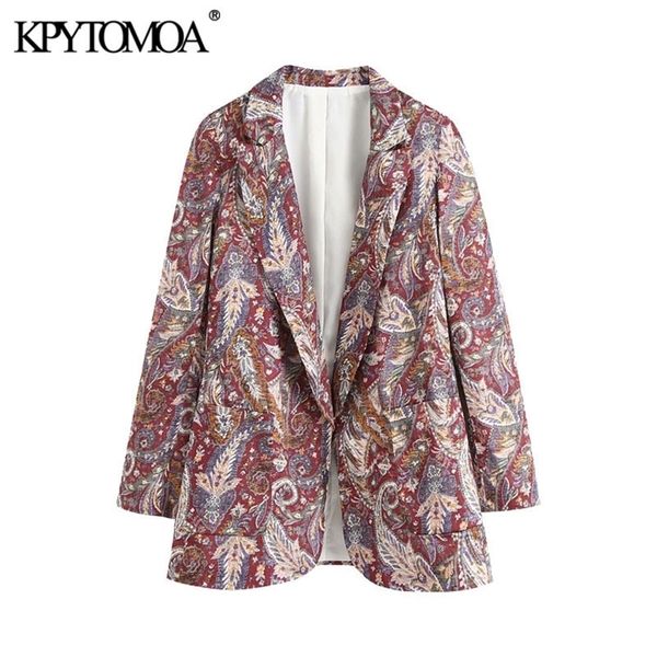 

kpytomoa women 2020 fashion printed pockets blazers coat vintage notched collar long sleeve female outerwear chic lj201021, White;black