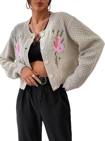 

floral embroidery drop shoulder cardigan k7ac#, White;black