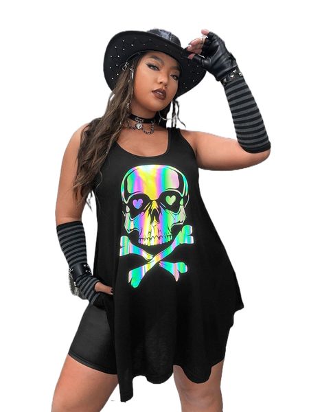 

plus scoop neck skull & bone print tank 13q3#, Black