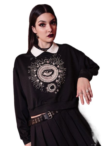 

romwe dark academia eye & moon graphic contrast collar sweatshirt t2vr#, Black