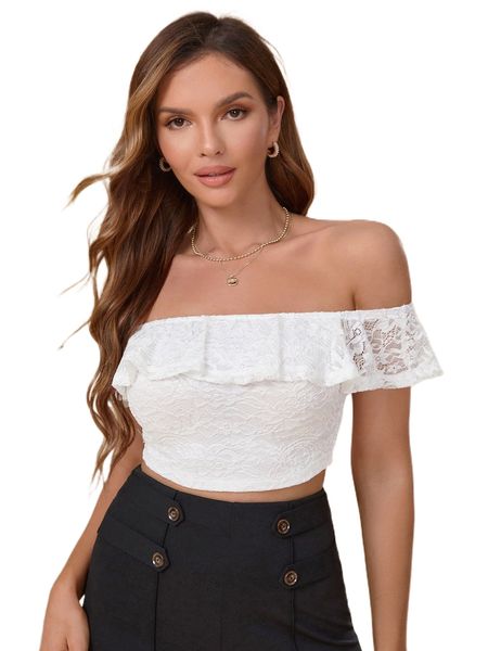 

o.ff s.houlder r.uffle trim l.ace t.op k7zb#, White