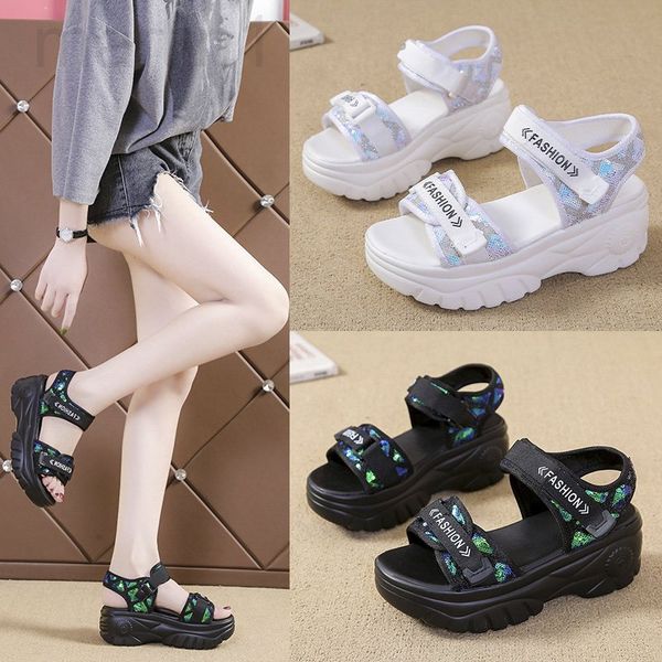 

sandals designer 2021 summer new sandals women's fashion korean flat bottom student sports thick sequin beach shoes womene47z, Black
