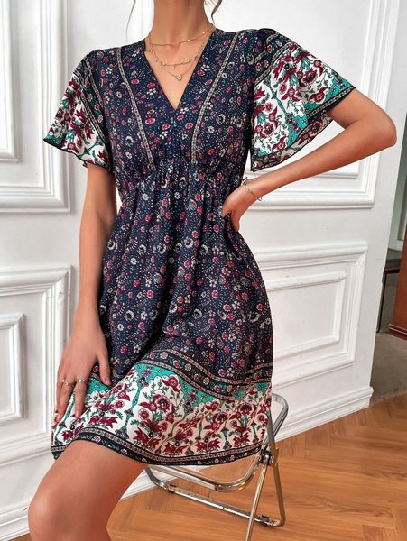

floral print butterfly sleeve dress 84gy#, Black;gray